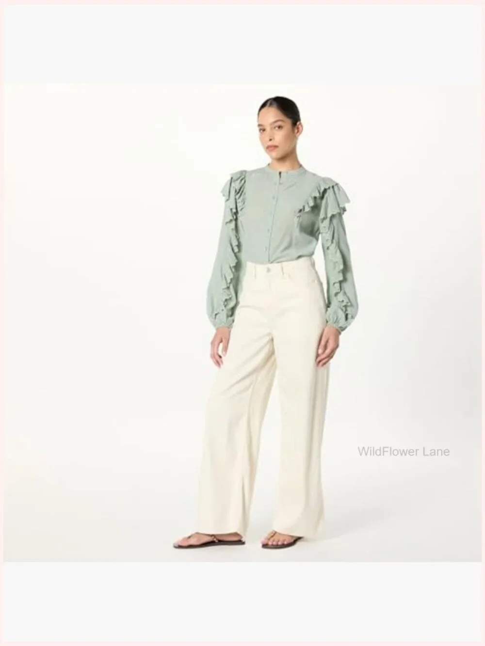 Dramatic Ruffle Sleeve Cotton Blouse - Loose Fit, Button Front - Picture 4 of 7